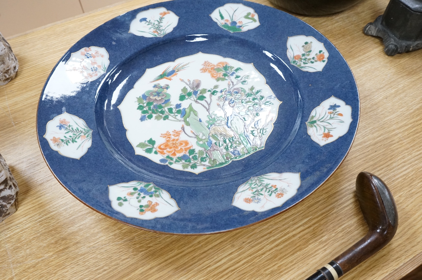 A large Chinese style Samson, Paris powder blue ground dish or charger, 39cm in diameter
